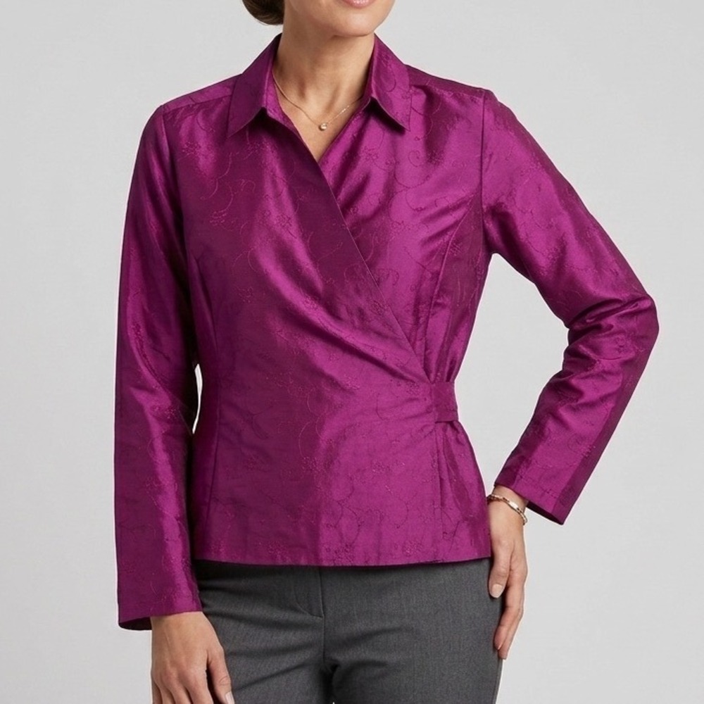 Vtg Purple 100% Silk Floral Embroidered Wrap Blouse Top Sz 16 Tess Regency Chic - Picture 1 of 10